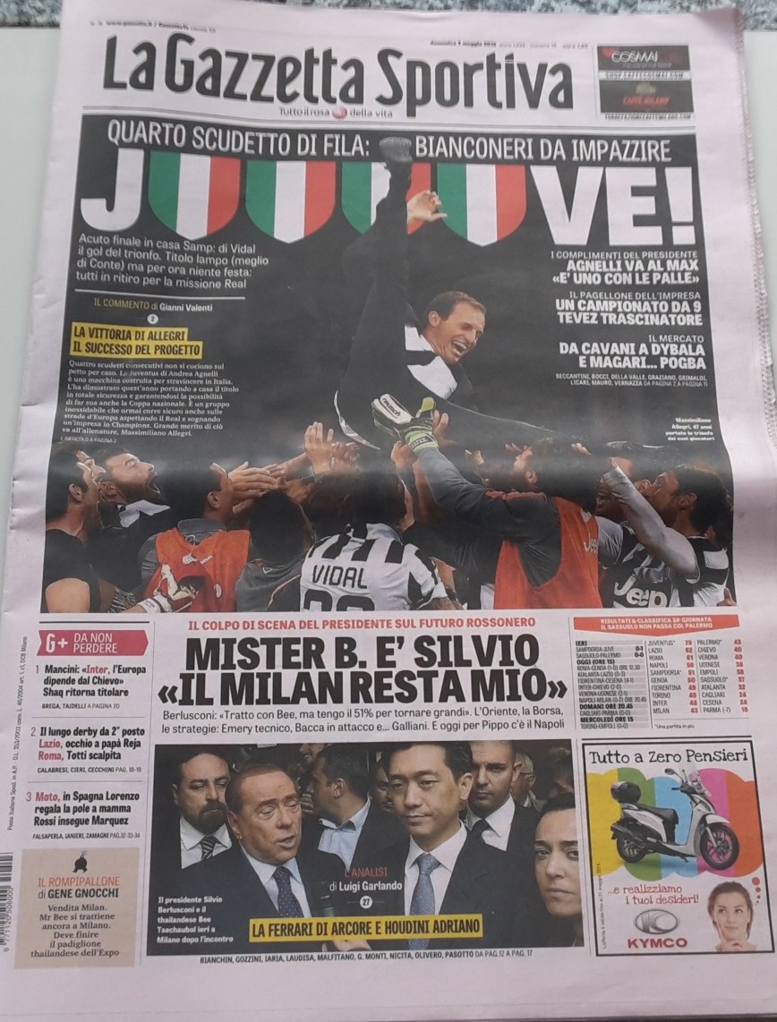 GAZZETTA DELLO SPORT 03/05/2015 JUVENTUS CAMPIONE D'ITALIA 4 SCUDETTO DI FILA
