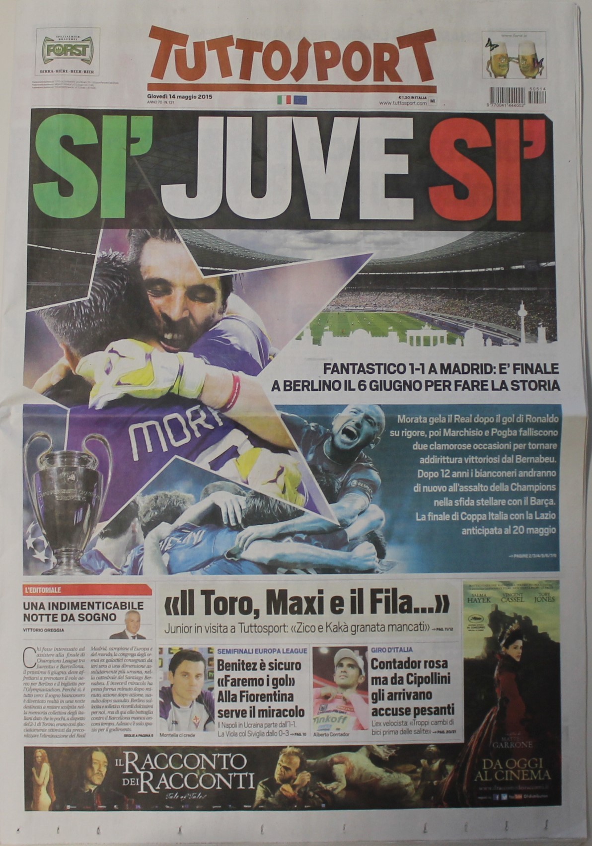 TUTTOSPORT SI' JUVE SI' JUVE, IN FINALE A BERLINO, 14 MAGGIO 2015