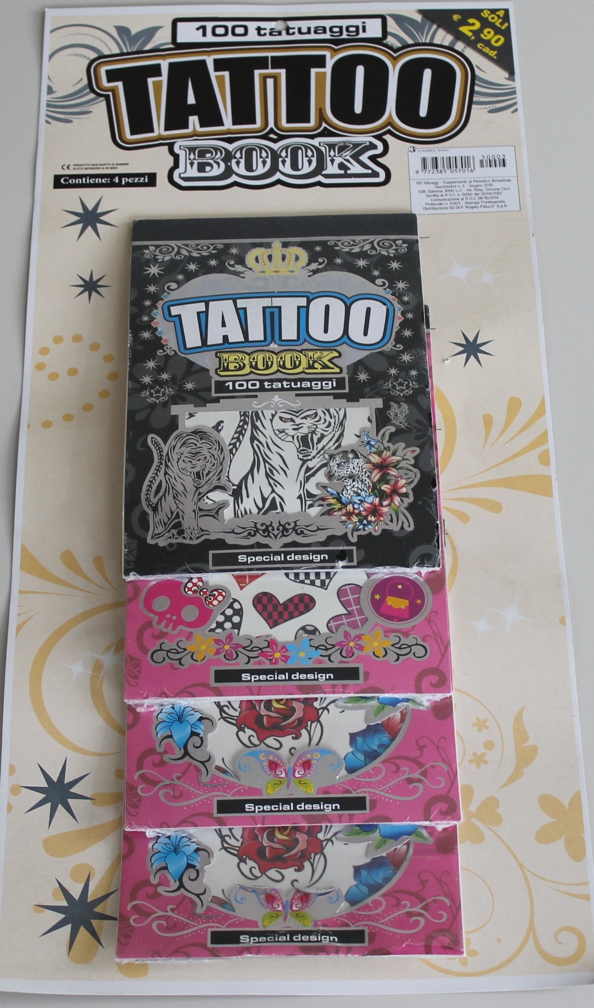 TATTOO BOOK 100 tatuaggi, contiene 4X4= 16 pezzi. 4 CONFEZIONI