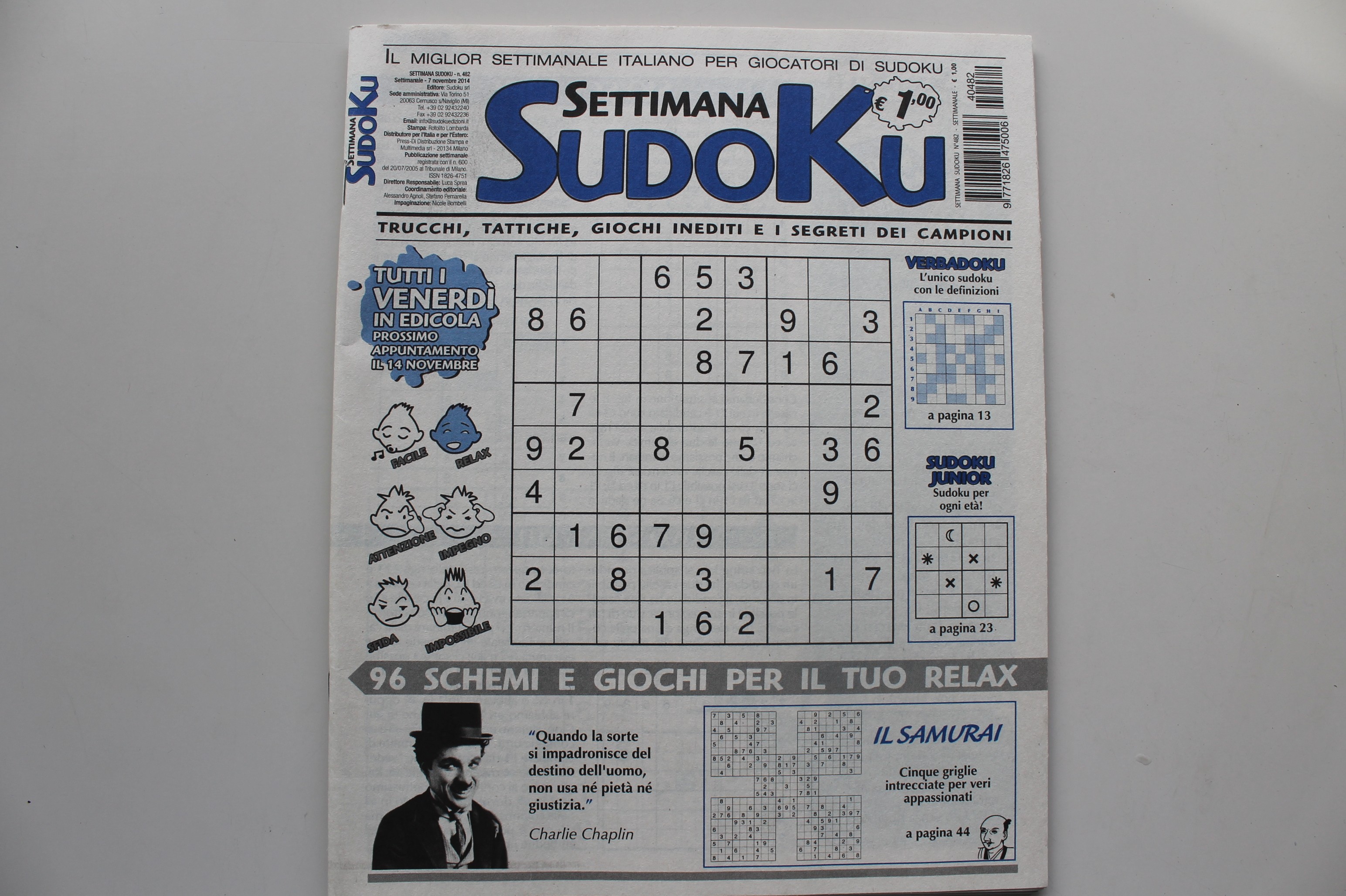 SETTIMANA SUDOKU, N.482, 7 NOVEMBRE 2014
