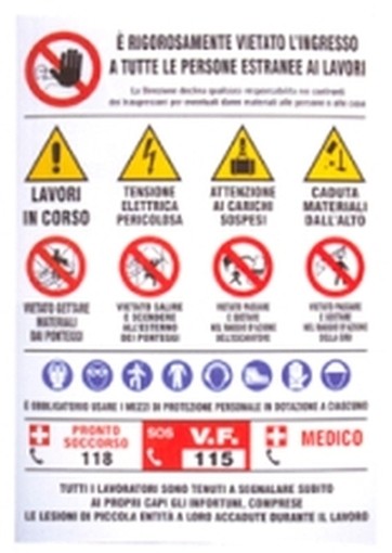 PEZZI 10-SEGNALI CANTIERE 21 AVVISI NORME GENERALI PREVENZIONE INFORTUNI 100X140