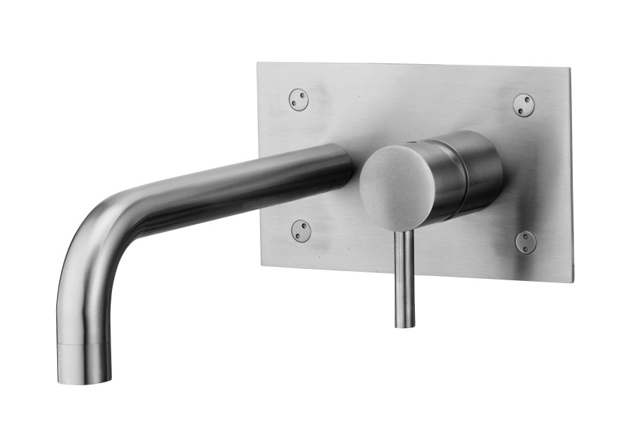 STEEL Kit Miscelatore incasso 2 Fori con Piastra rett. e bocca muro in Acciaio
